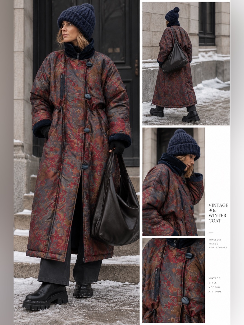 Vintage 90s Oversized Puffer Coat Multicolor Geometric Print Long Winter Coat